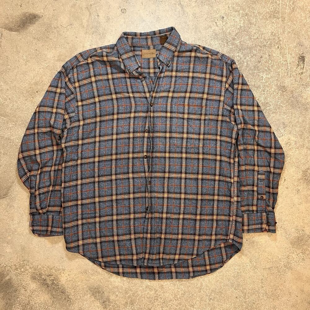 Vintage ST. JOHNS BAY Shirt Men's L Thick Cotton Flannel Blue Orange Plaid Camp
